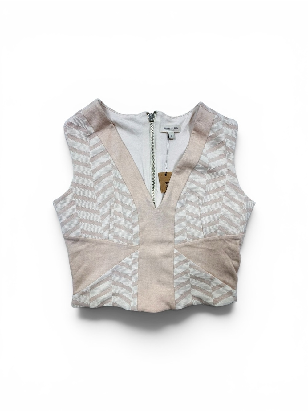 River Island Crop Sleeveless Chevron Tan & White Top Size Small NWT